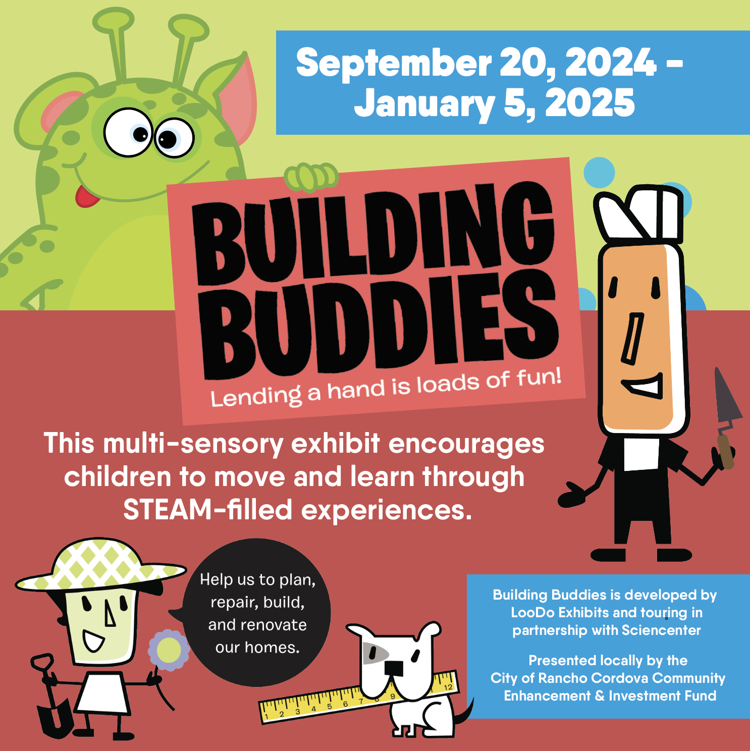 Building Buddies logo and text, exhibit running from september 20, 2024 to january 5, 2025